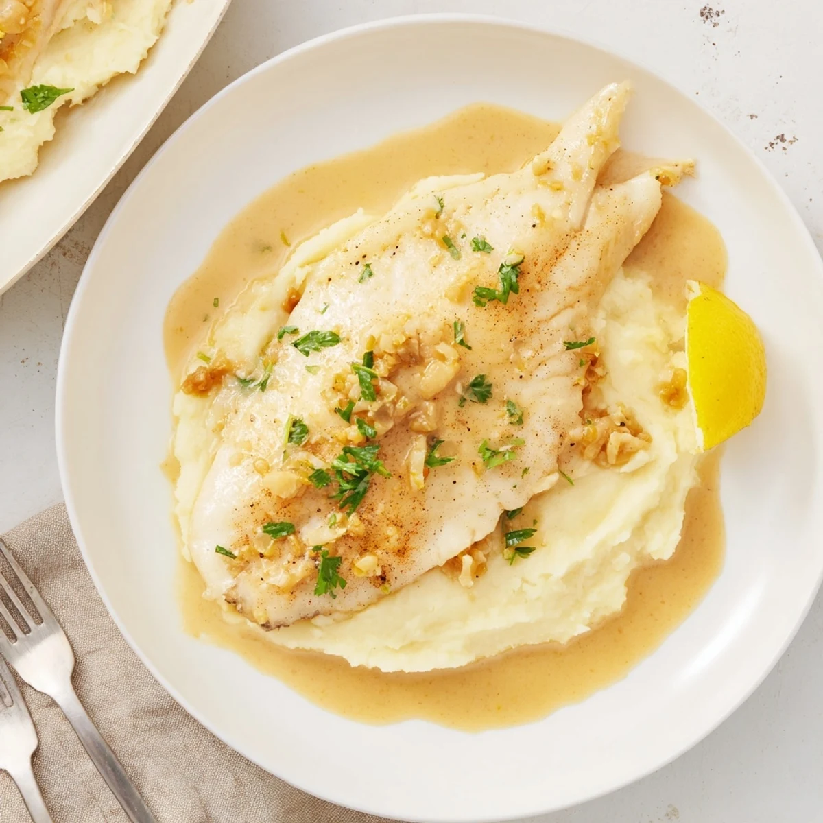 Délicates filets de sole Meunière dorés, arrosés de beurre citronné et parsemés de persil.  