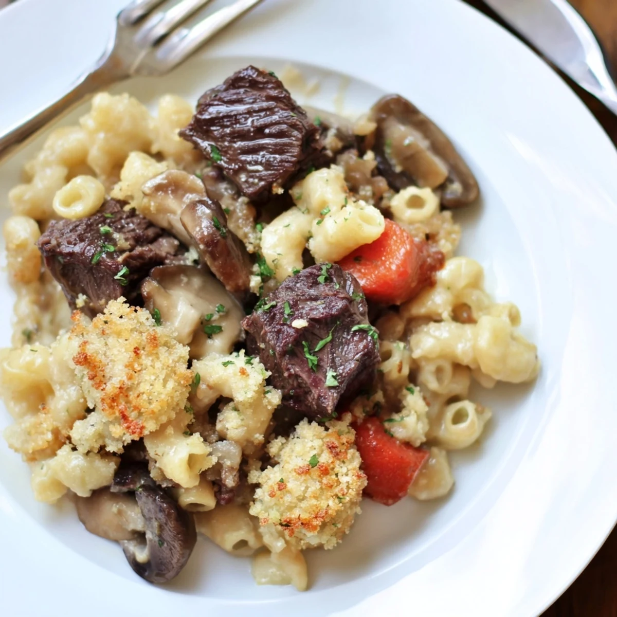Recette réconfortante de Mac and Cheese au Beef Bourguignon garni de fromage crémeux.