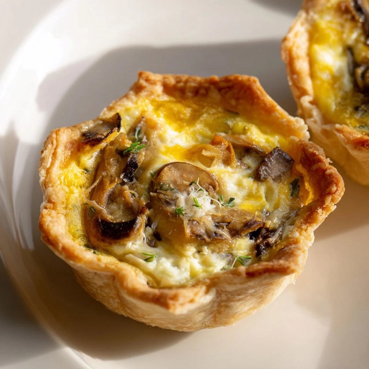Mini tartelettes de quiche aux champignons et herbes dorées, parfaites pour le brunch.  