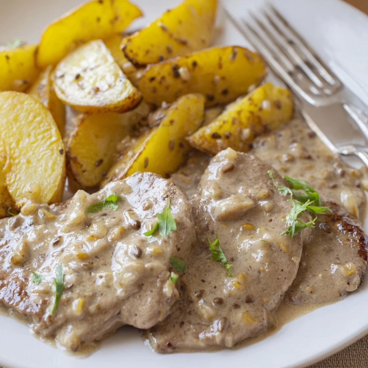 Un plat réconfortant de médallions de porc à la moutarde de tarragon, accompagné de frites croustillantes.