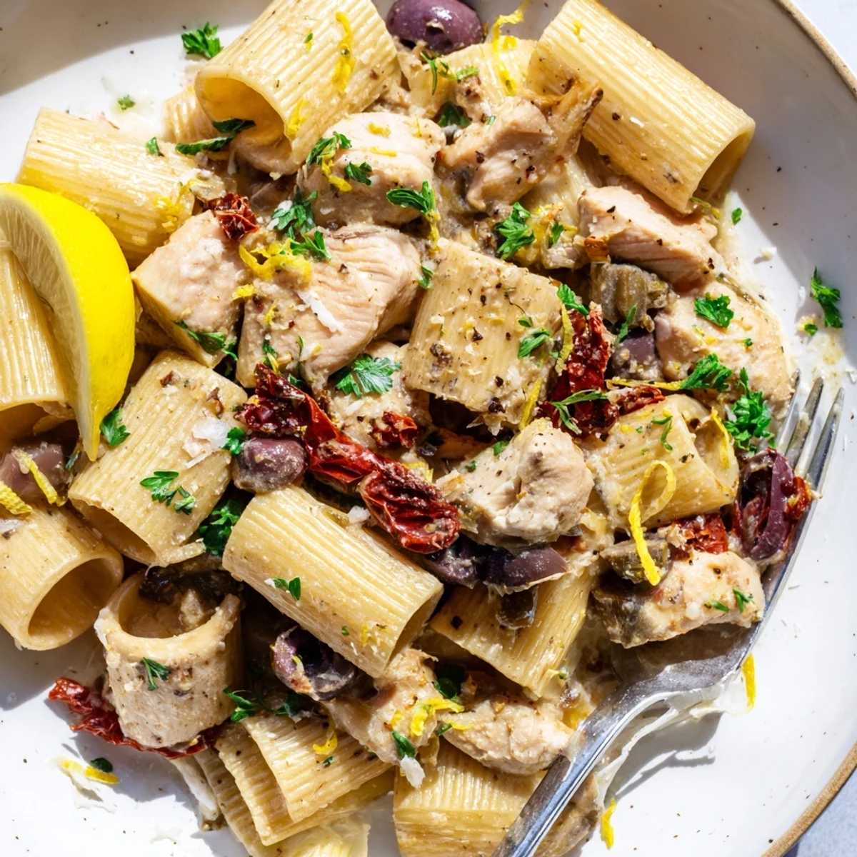 Poulet Provençal crémeux avec des pâtes dans une poêle en fonte, vibrant de saveurs.