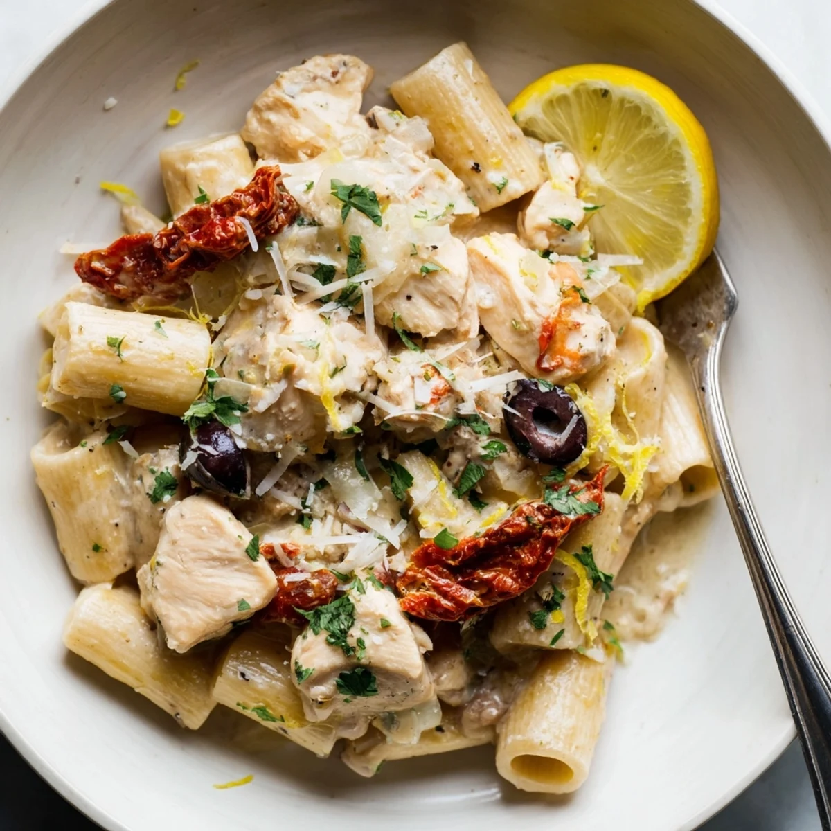 Recette de pâtes crémeuses au poulet Provençal, garnie de tomates séchées et d'olives.