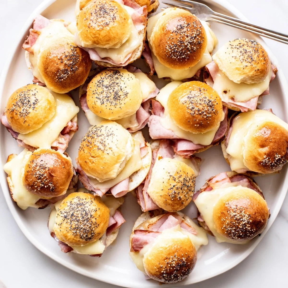 Mini Croque Monsieur sliders dorés, garnis de jambon et fromage fondant.  