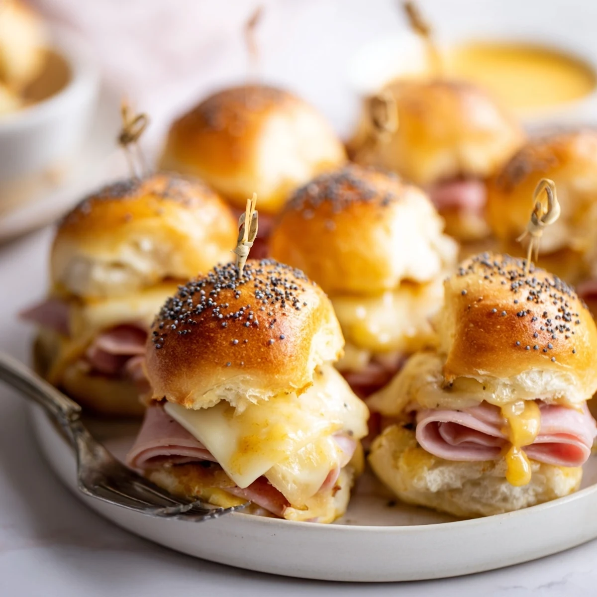 Gourmands mini sliders Croque Monsieur, parfaits pour un brunch ou une fête, buzzing with flavor.