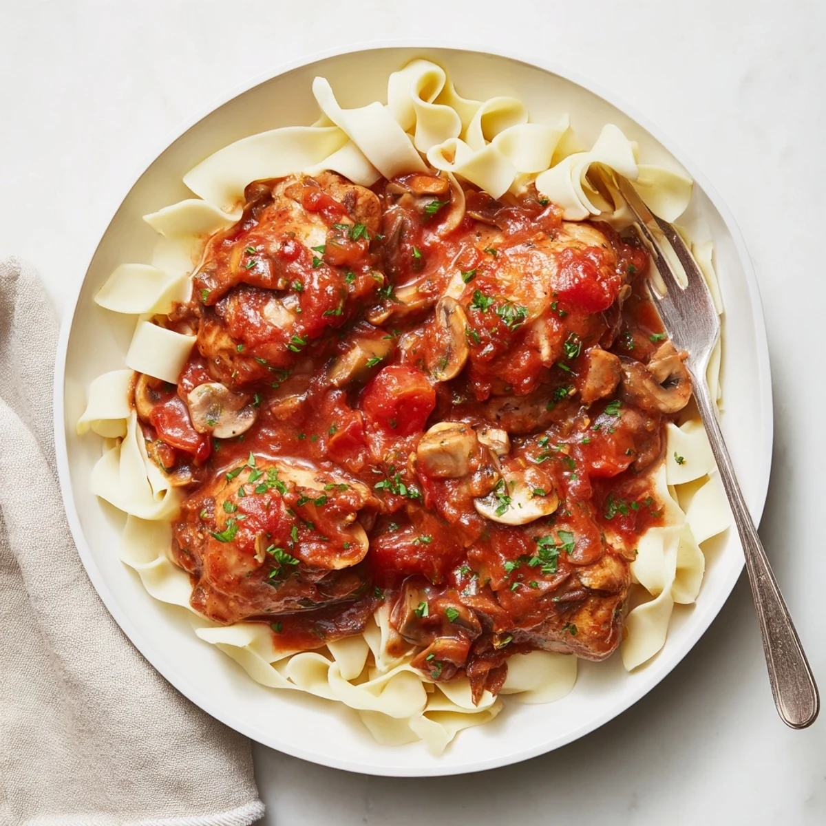 Poulet Chasseur tendre nappé d'une sauce riche à la tomate, servi sur des nouilles beurrées.