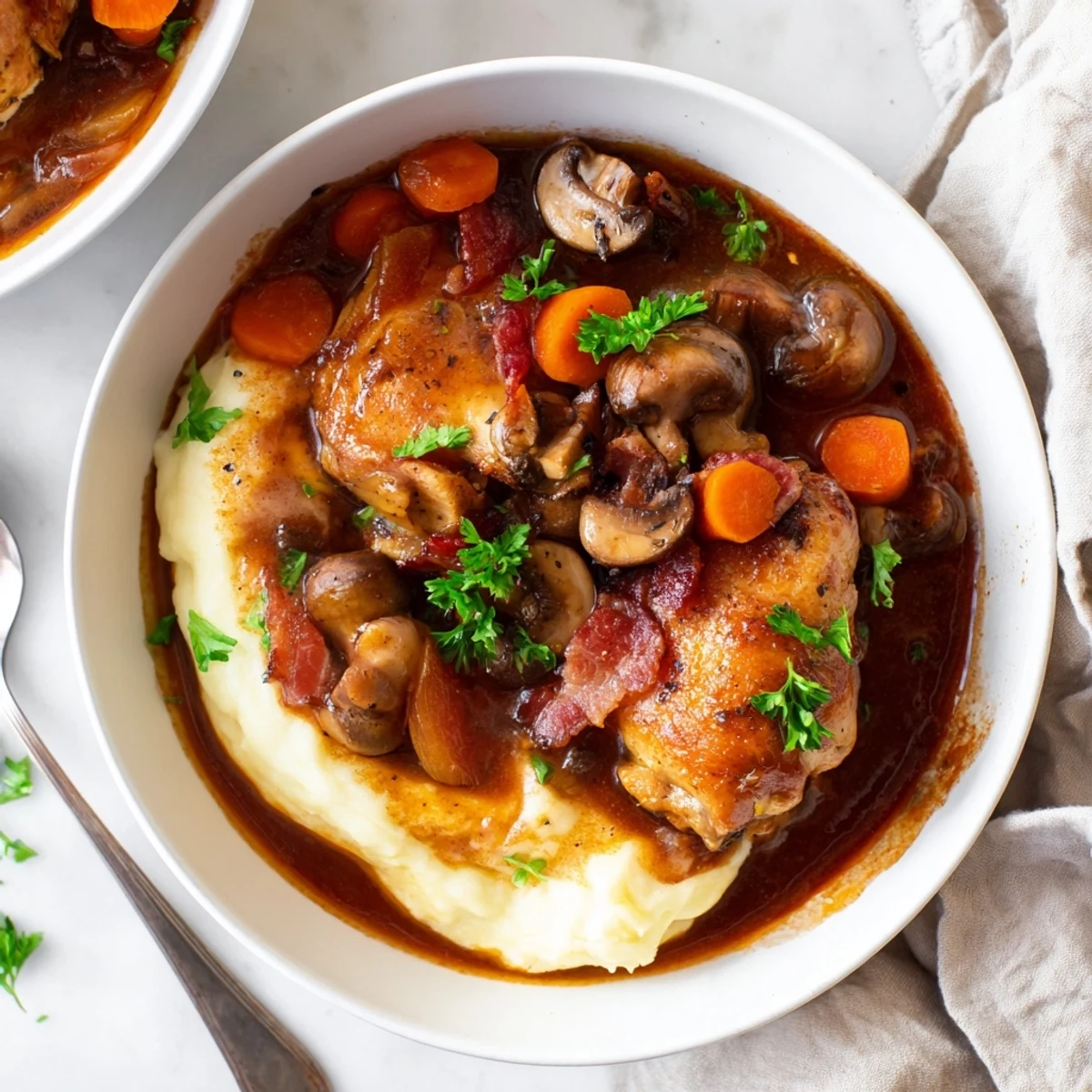 Bols de poulet style Coq au Vin sur lit de pommes de terre crémeuses.  