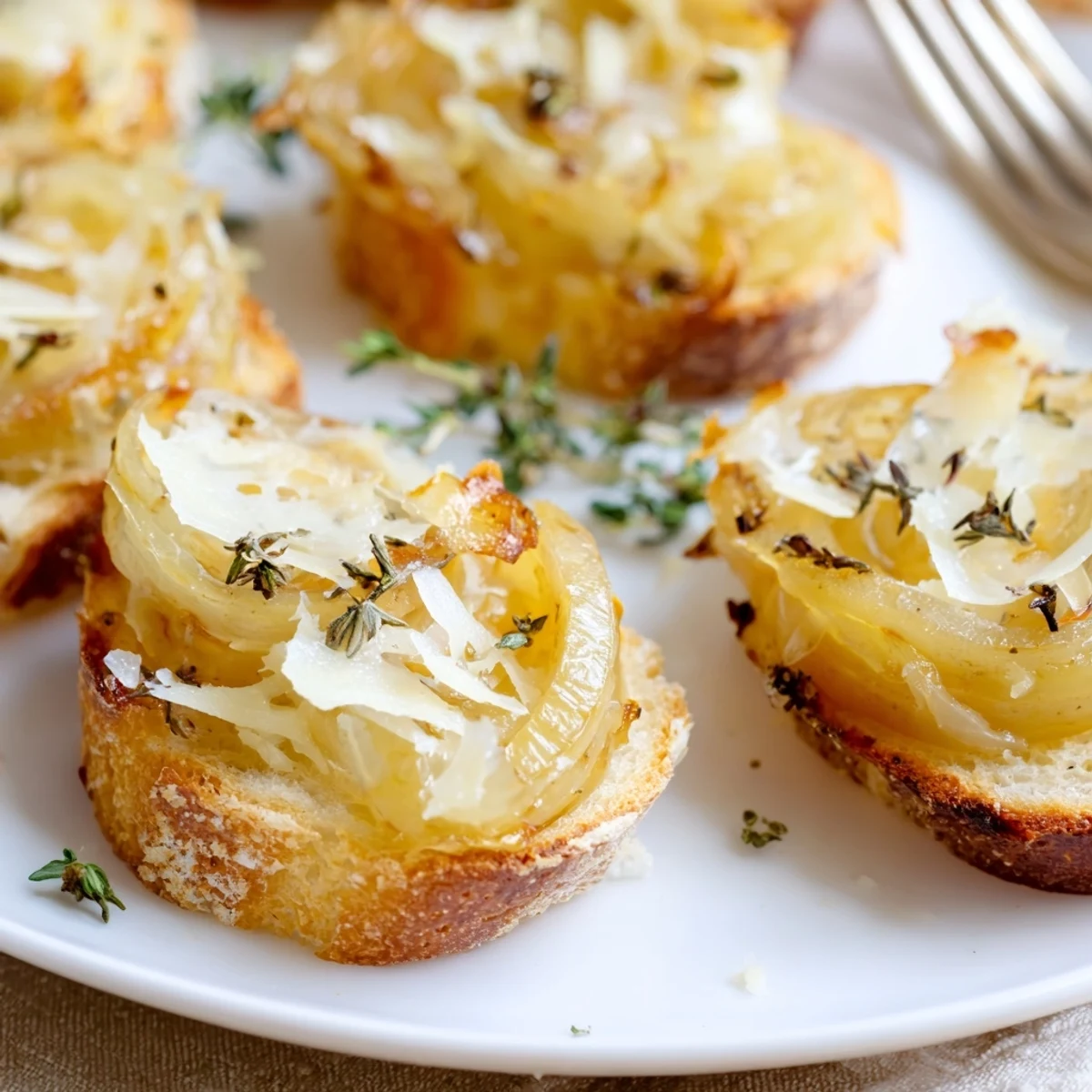 Amuse-bouche élégant de soupe à l'oignon, irrésistible avec du Gruyère doré.  