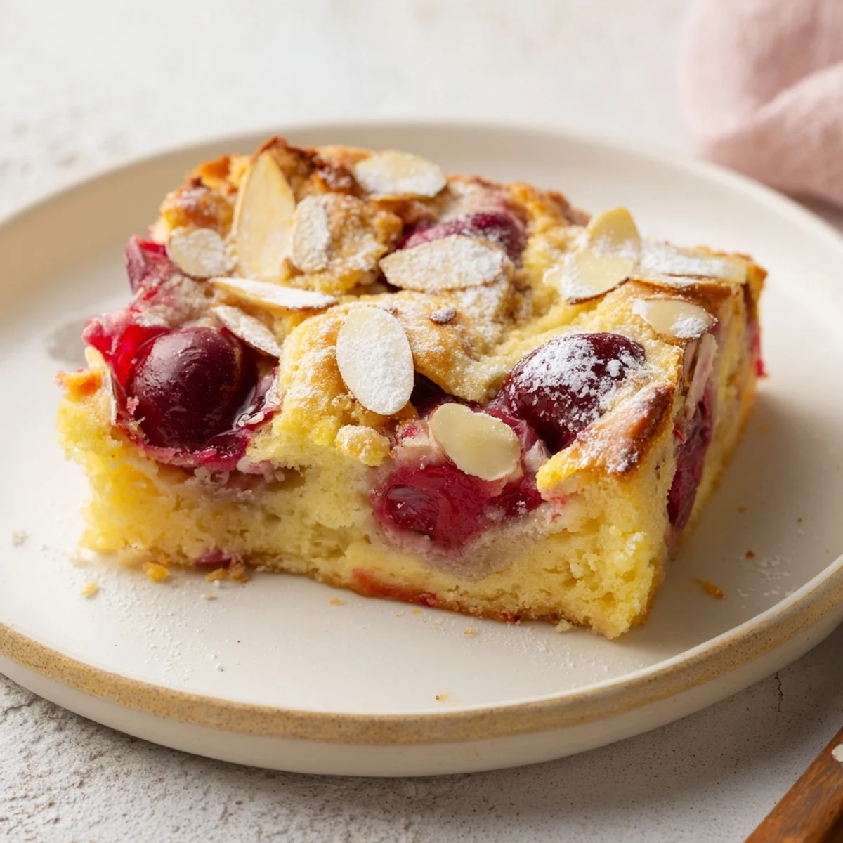 Clafoutis aux cerises sur un plateau, tendre et doré avec des fruits juteux.