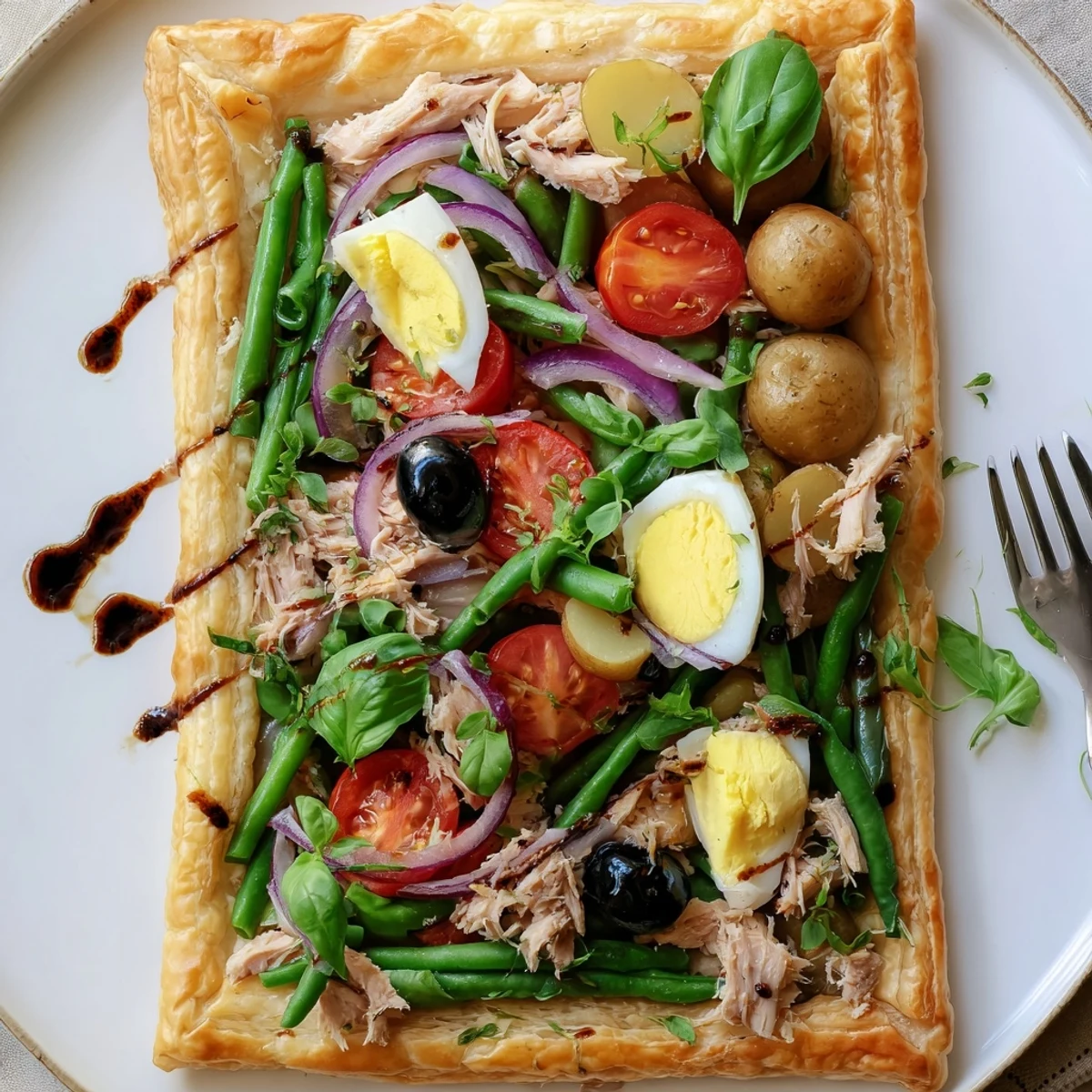 Chaud et doré, le feuilleté de Salade Niçoise offre des saveurs françaises authentiques.