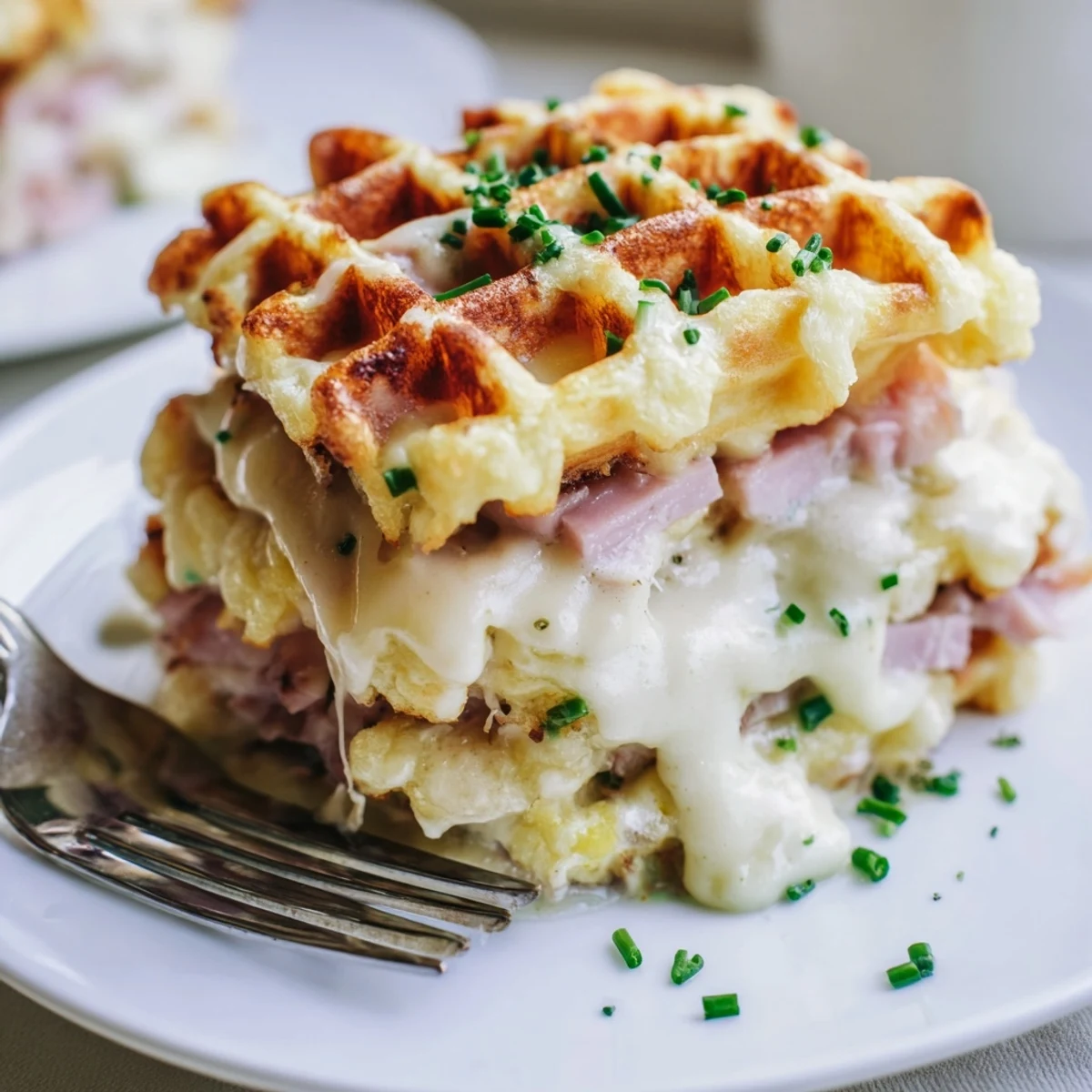 Délicieuses gaufres au Croque Monsieur, servies avec chives fraîches et béchamel.