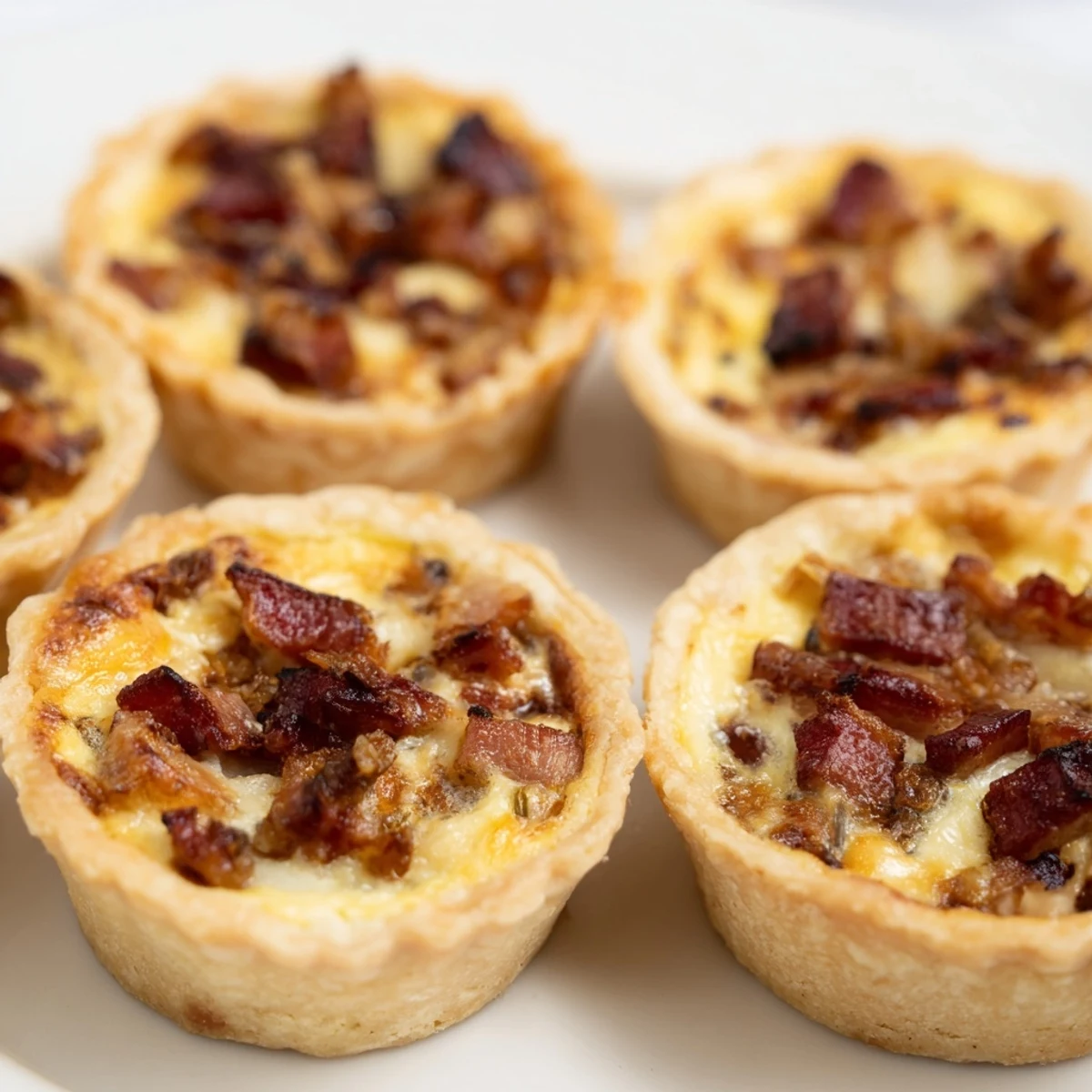 Mini quiches Lorraine tartes dorées, garnies de bacon fumé et fromage crémeux.  