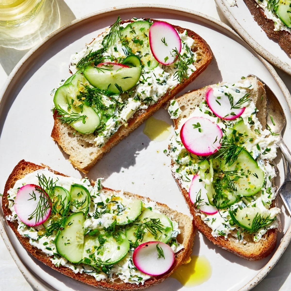 Tranches rustiques de pain avec une onctueuse tartinade d’herbes, parfaite pour l'apéritif.