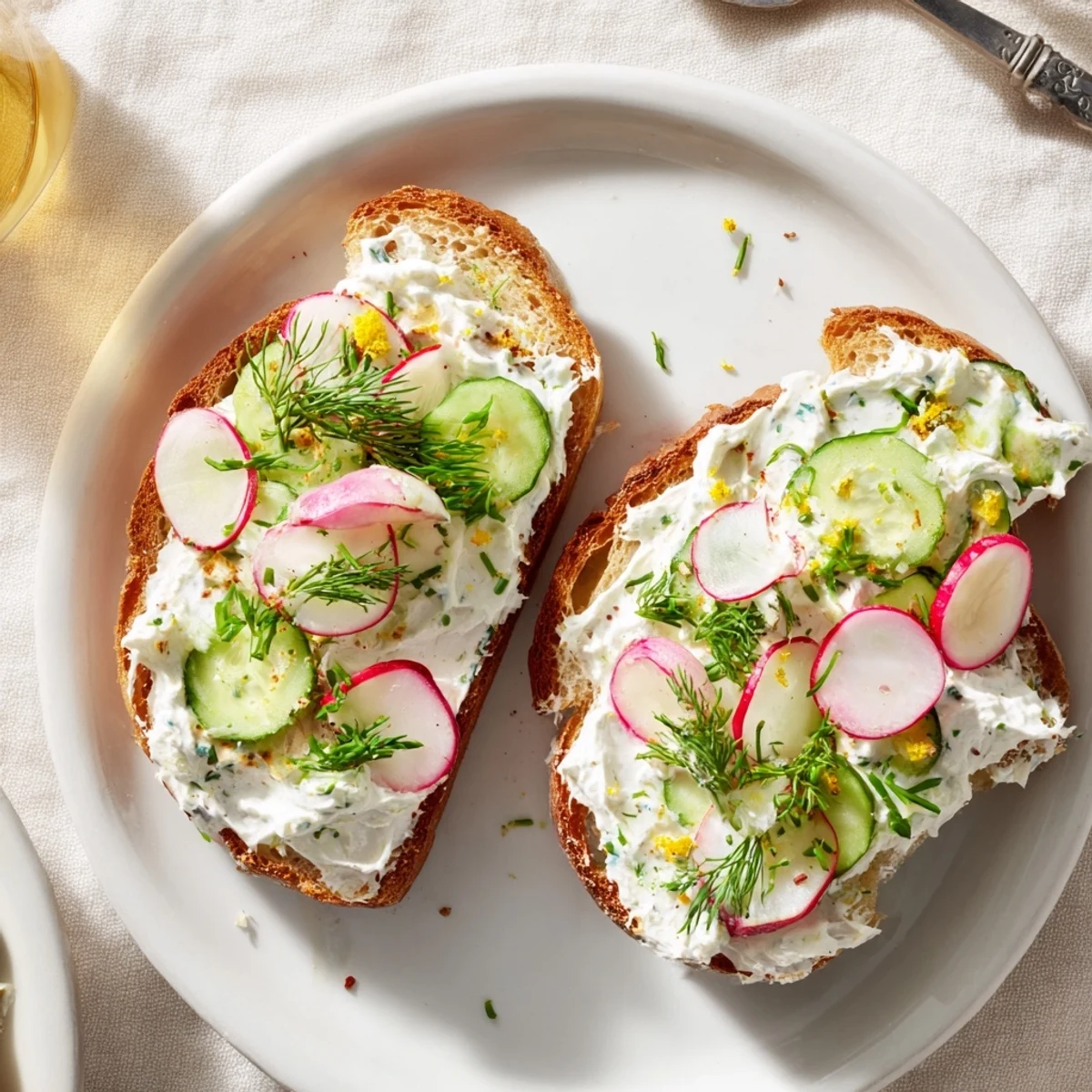 Tartines crémeuses d’herbes sur pain grillé, garni de radis et de concombre frais.
