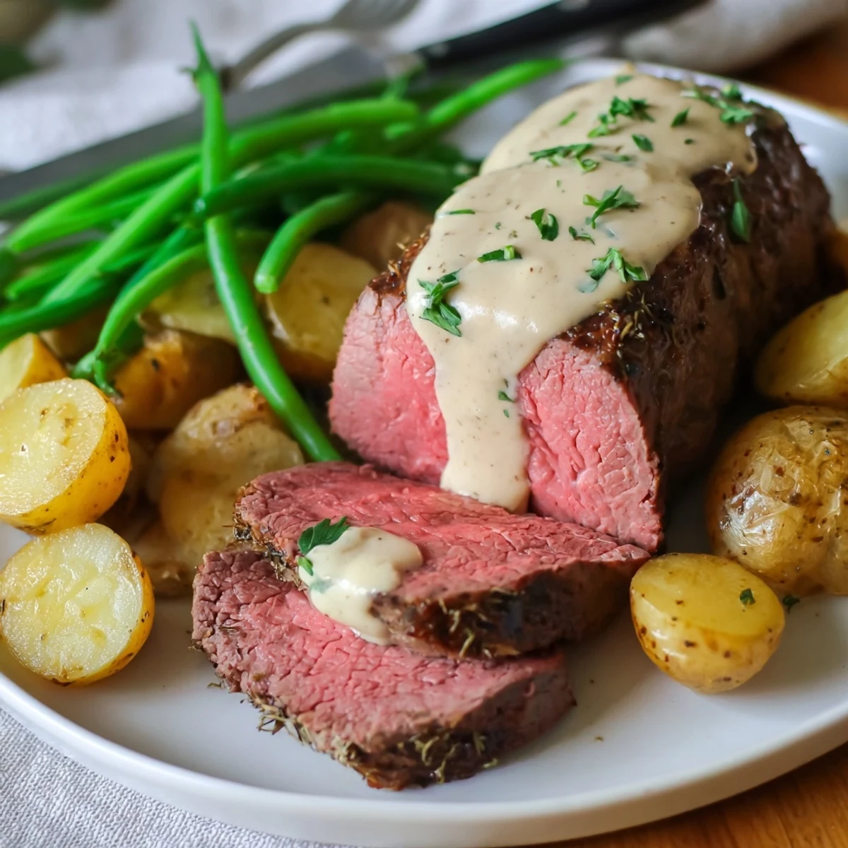 Un plat raffiné de Steak Chateaubriand avec sauce béarnaise crémeuse et légumes.  