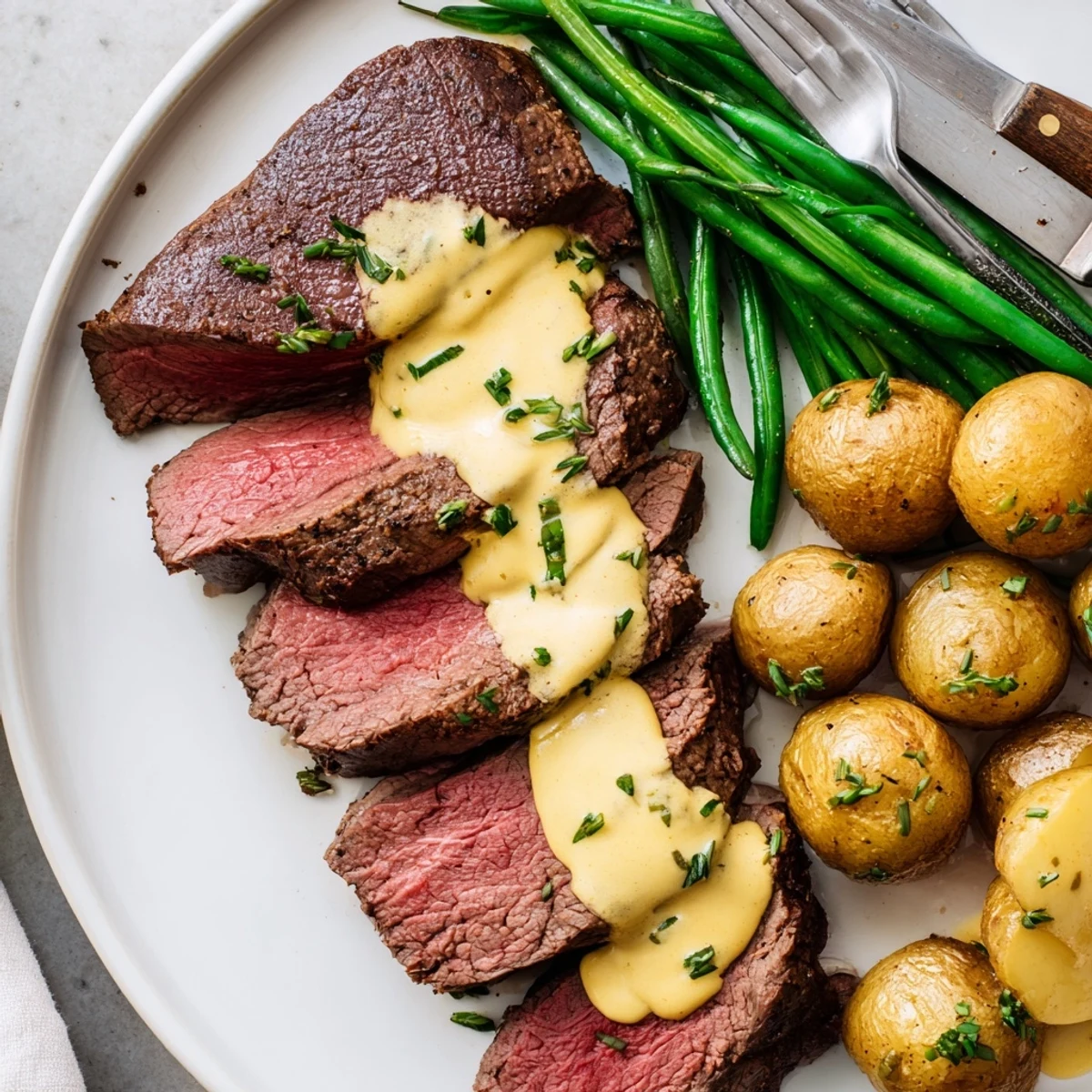 Élégant Steak Chateaubriand servi avec beurre béarnaise, parfait pour un dîner romantique.