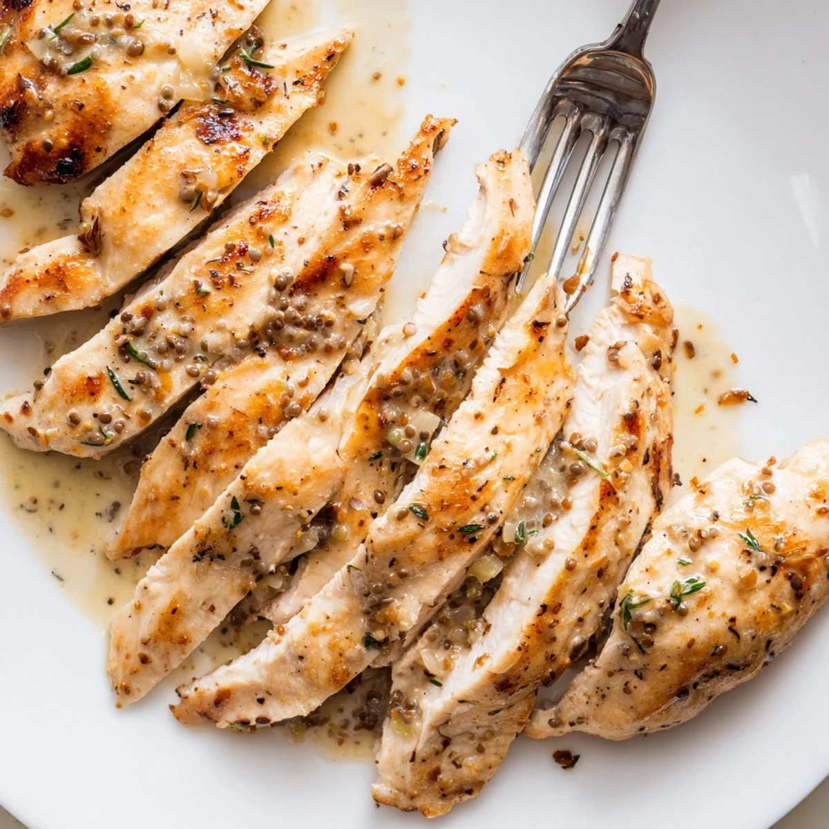 Poulet tendre nappé d'une sauce crémeuse à la moutarde, idéal pour un dîner réconfortant.  