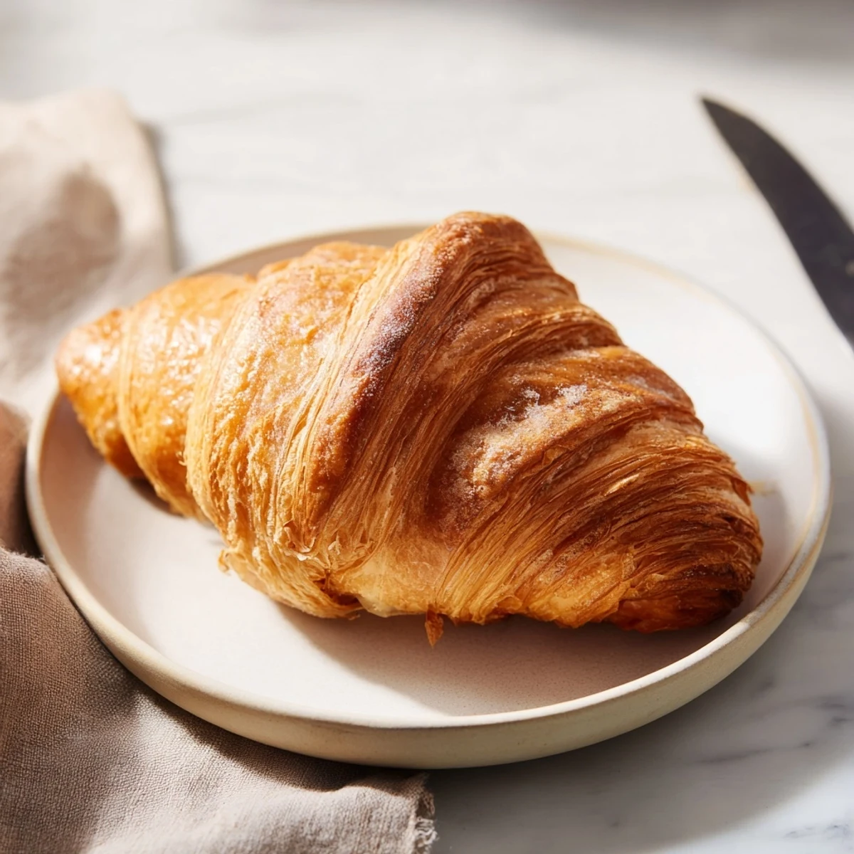 Croissants français dorés, feuilletés et beurrés, parfaits pour un petit déjeuner devant le café.  