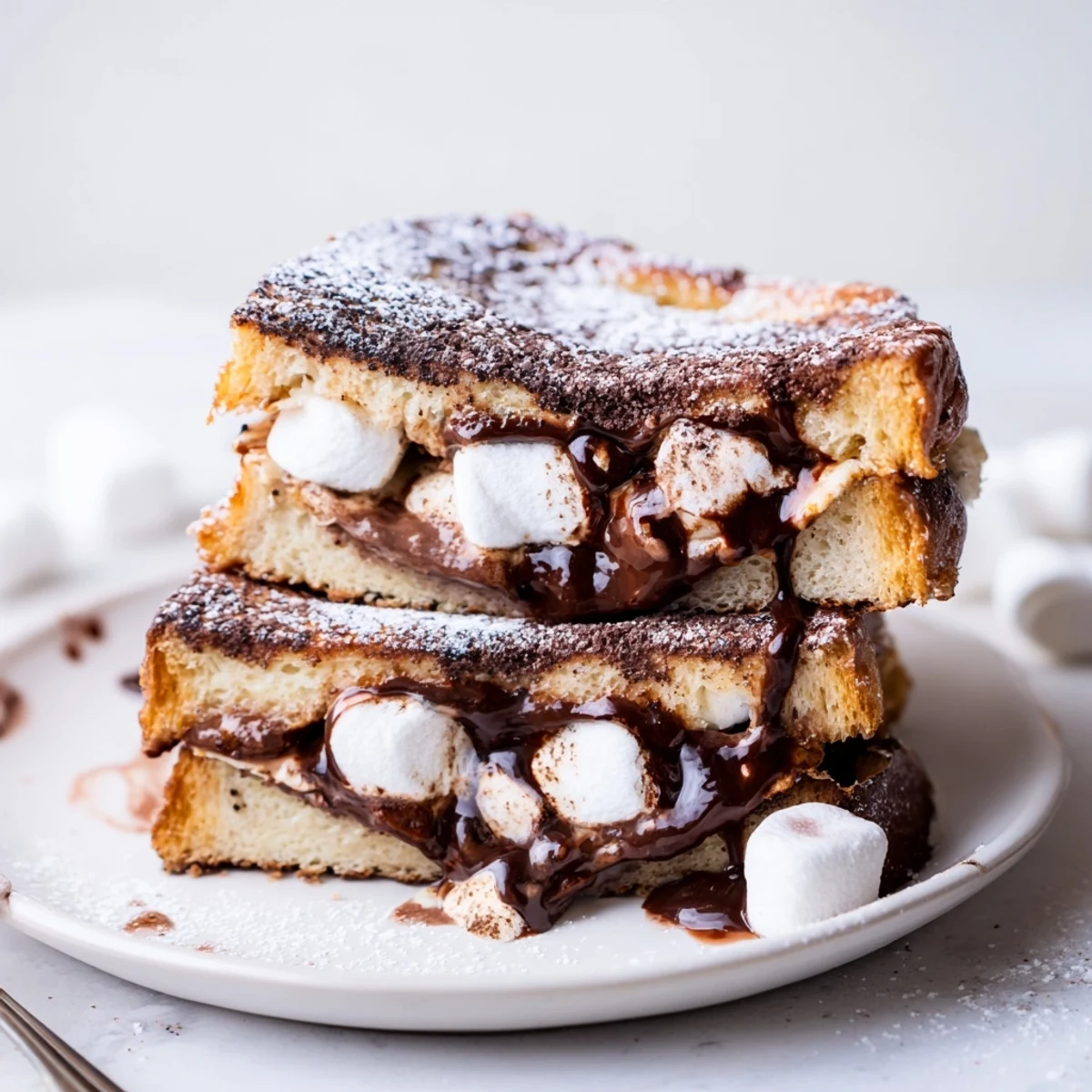 Tranches de pain perdu fourrées au chocolat, servies avec des guimauves fondantes.  