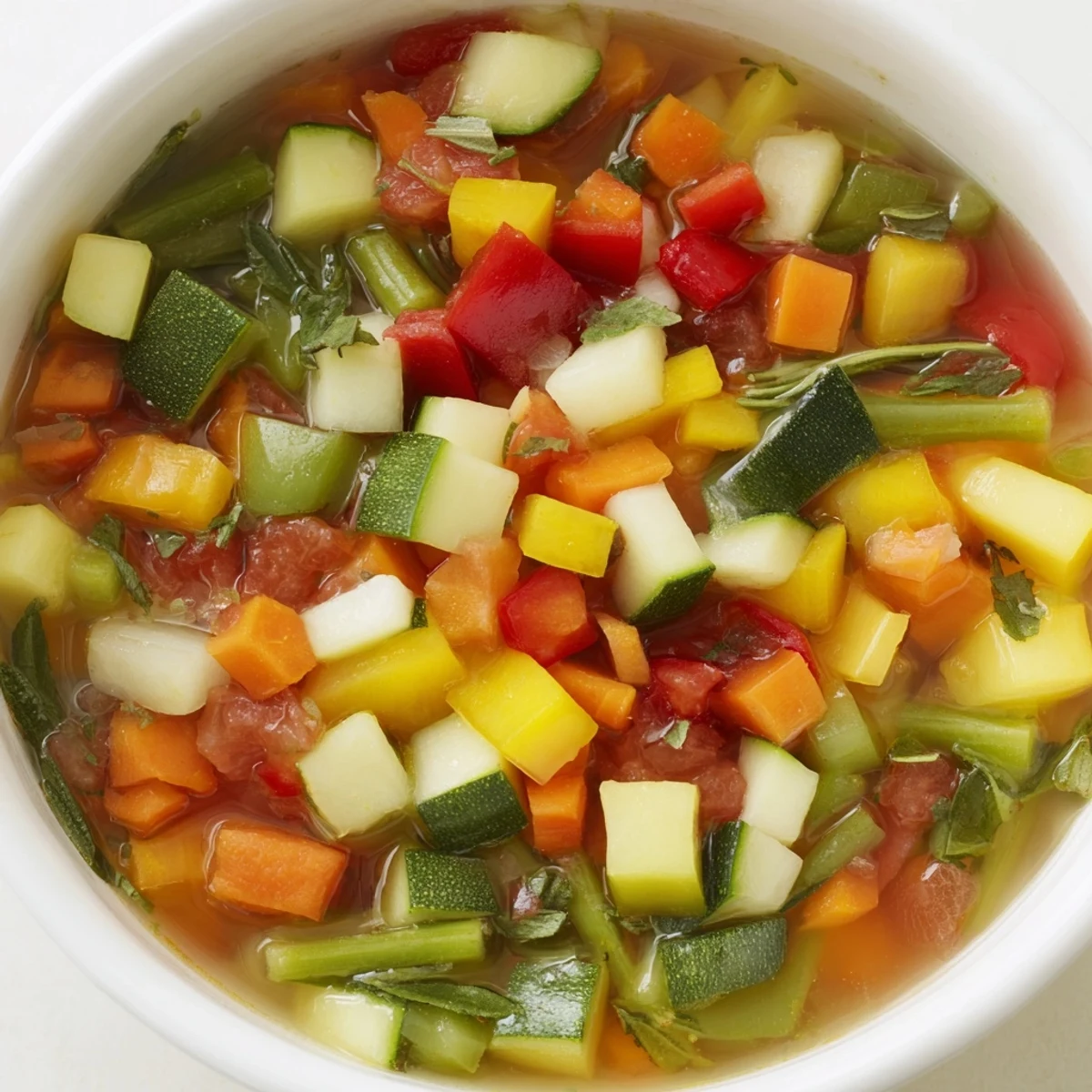 Bol de soupe provençale garni de basilic frais, idéal pour les soirées froides.  