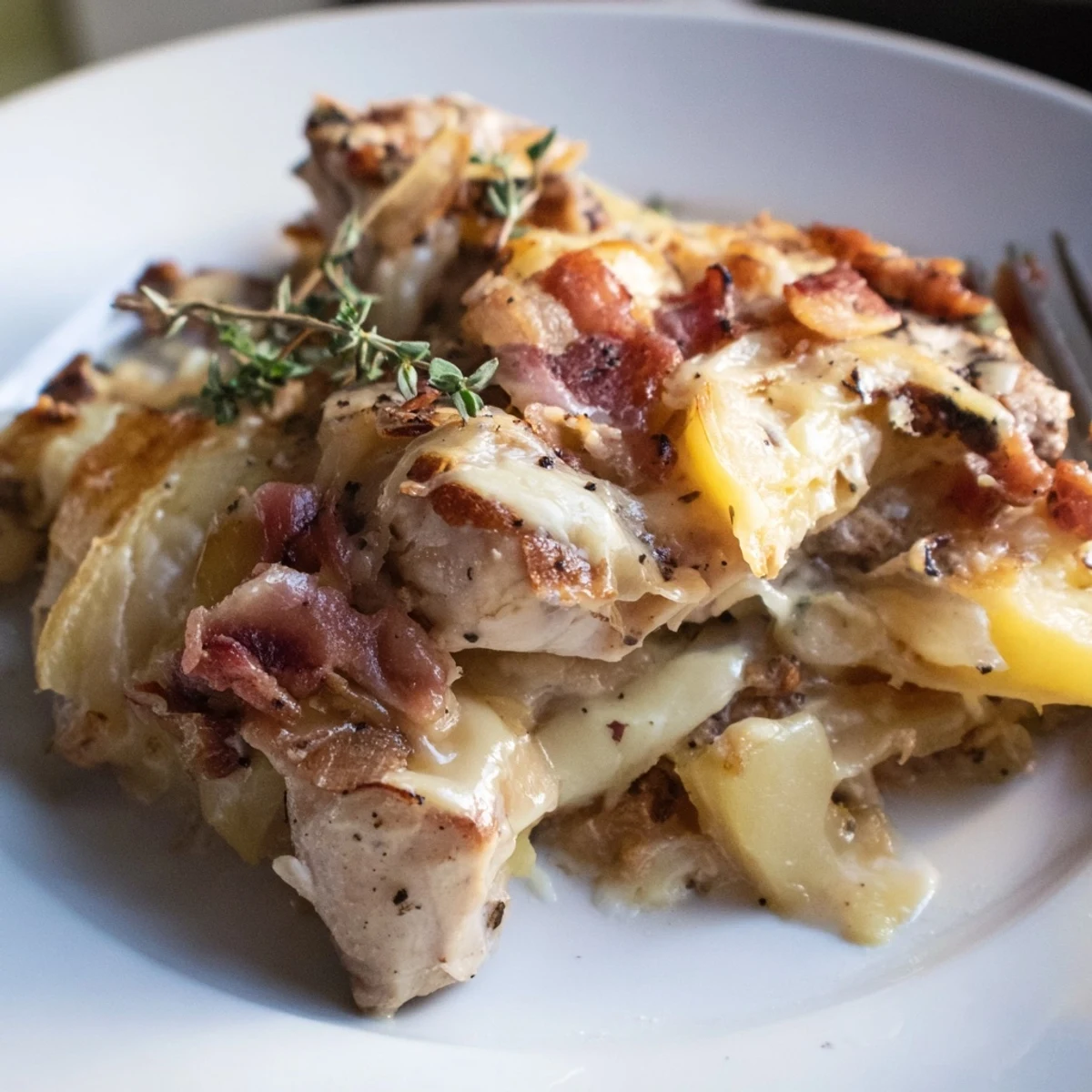 Casserole de poulet tartiflette crémeuse avec pommes de terre fondantes et bacon croustillant.  