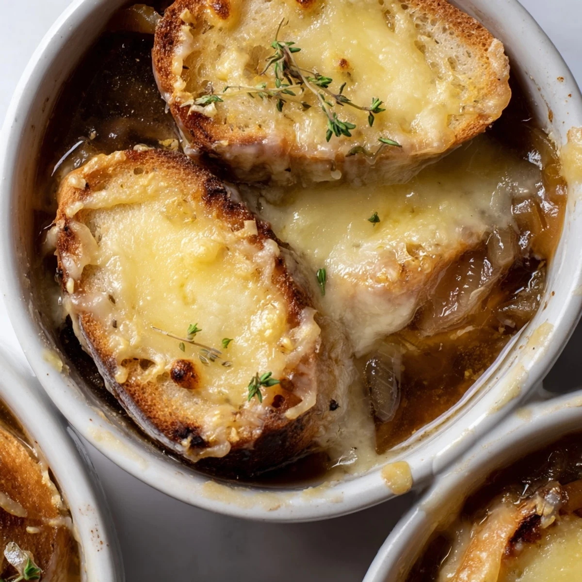Soupe à l’oignon française réconfortante avec oignons caramélisés et fromage Gruyère fondu.  