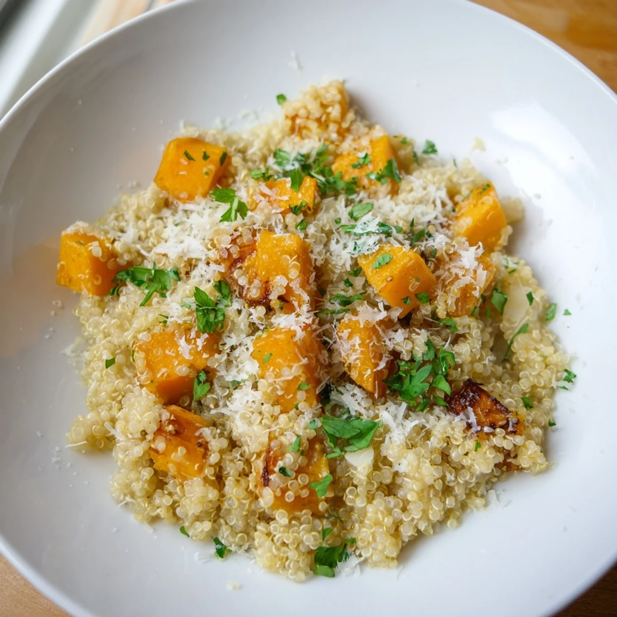 The finished quinoa risotto, garnished with fresh parsley, looks creamy and comforting, perfect for dinner.
