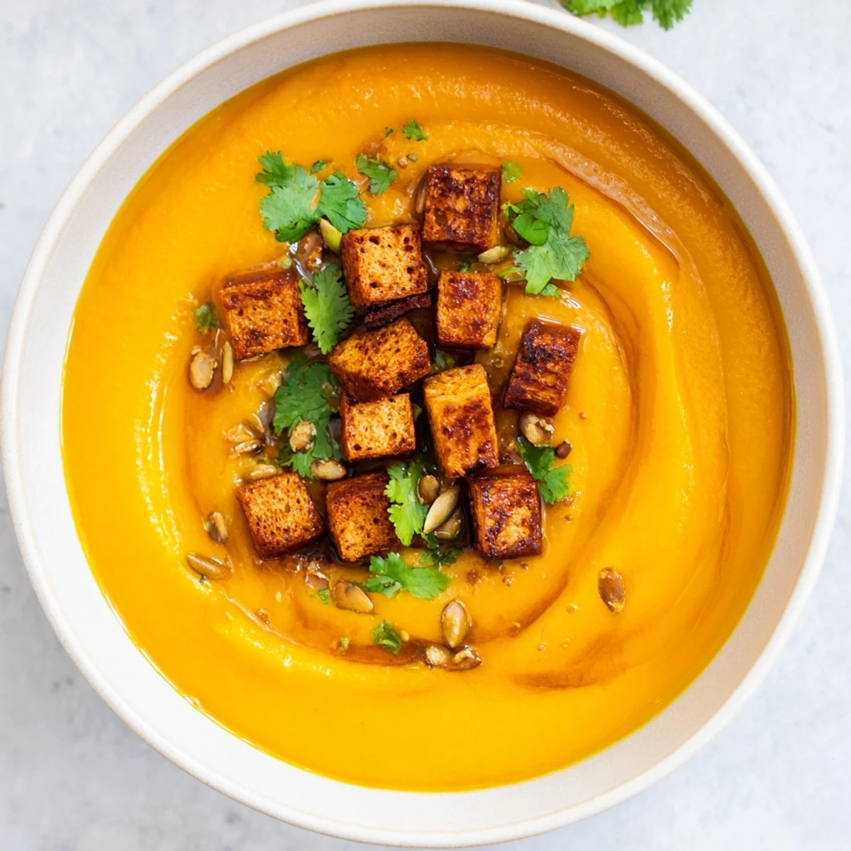 Rich, creamy Pumpkin Coconut Soup swirled in a bowl, topped with caramelized gingerbread croutons.
