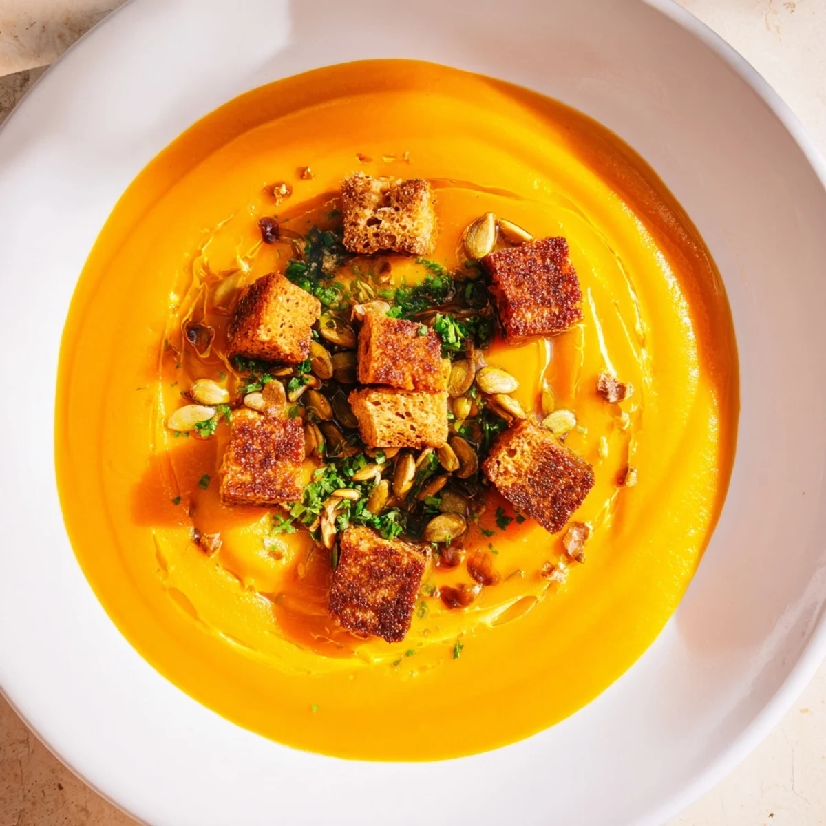 A close-up of a warm bowl of Pumpkin Coconut Soup, showcasing the golden color and textures.