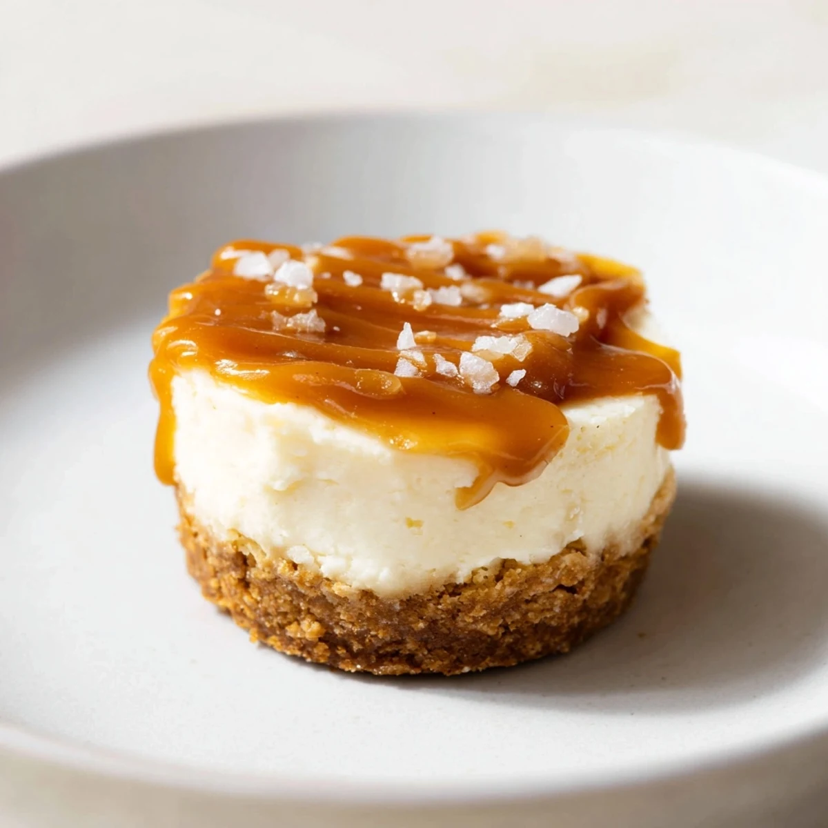 Silky smooth mini salted caramel cheesecakes, drizzled with rich caramel sauce, ready to serve.