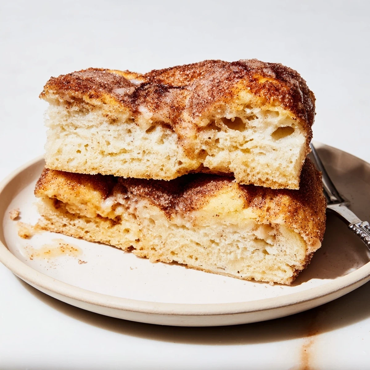 Close-up of fluffy Sweet Cinnamon-Sugar Focaccia, showing the dimpled surface covered in cinnamon sugar before baking.