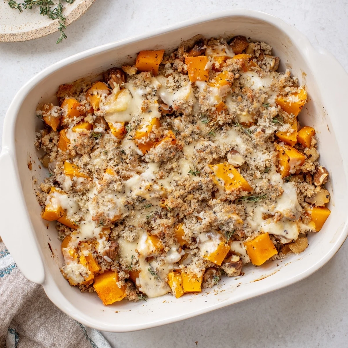 Creamy Butternut Squash and Roasted Chestnut Gratin with crispy topping, ready to serve for dinner.