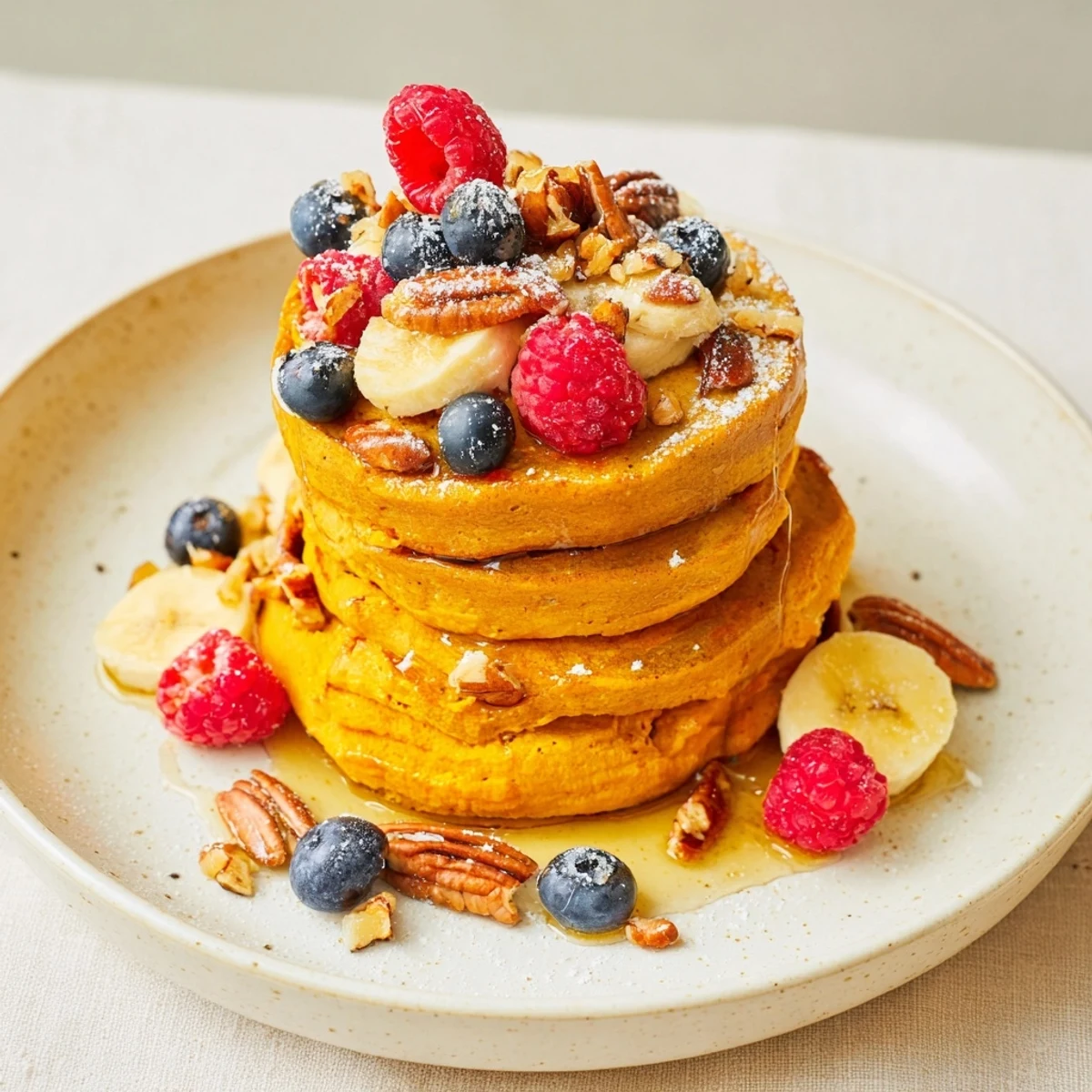 Golden honey drizzled over a stack of mini butternut & golden honey pancakes, ready to eat!