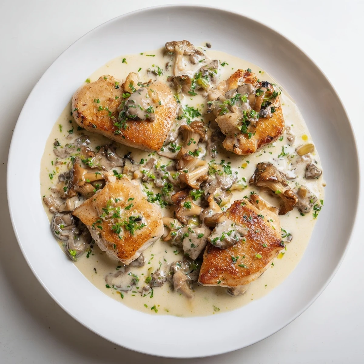 Aromatic Poulet à la Crème with wild herbs, seared chicken glistening in a creamy sauce, ready to serve.