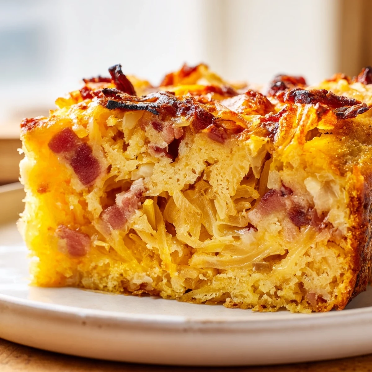 Golden, crusty Caramelized Onion and Crispy Bacon Savory Cake, perfect for a picnic spread.