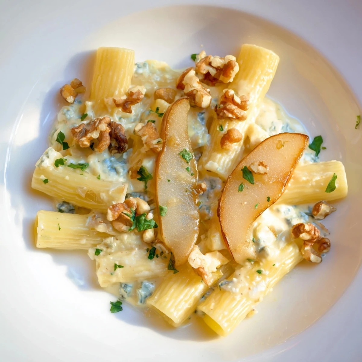 Close up shows rich Rococo Pasta with a sprinkle of walnuts, offering a delightful texture.