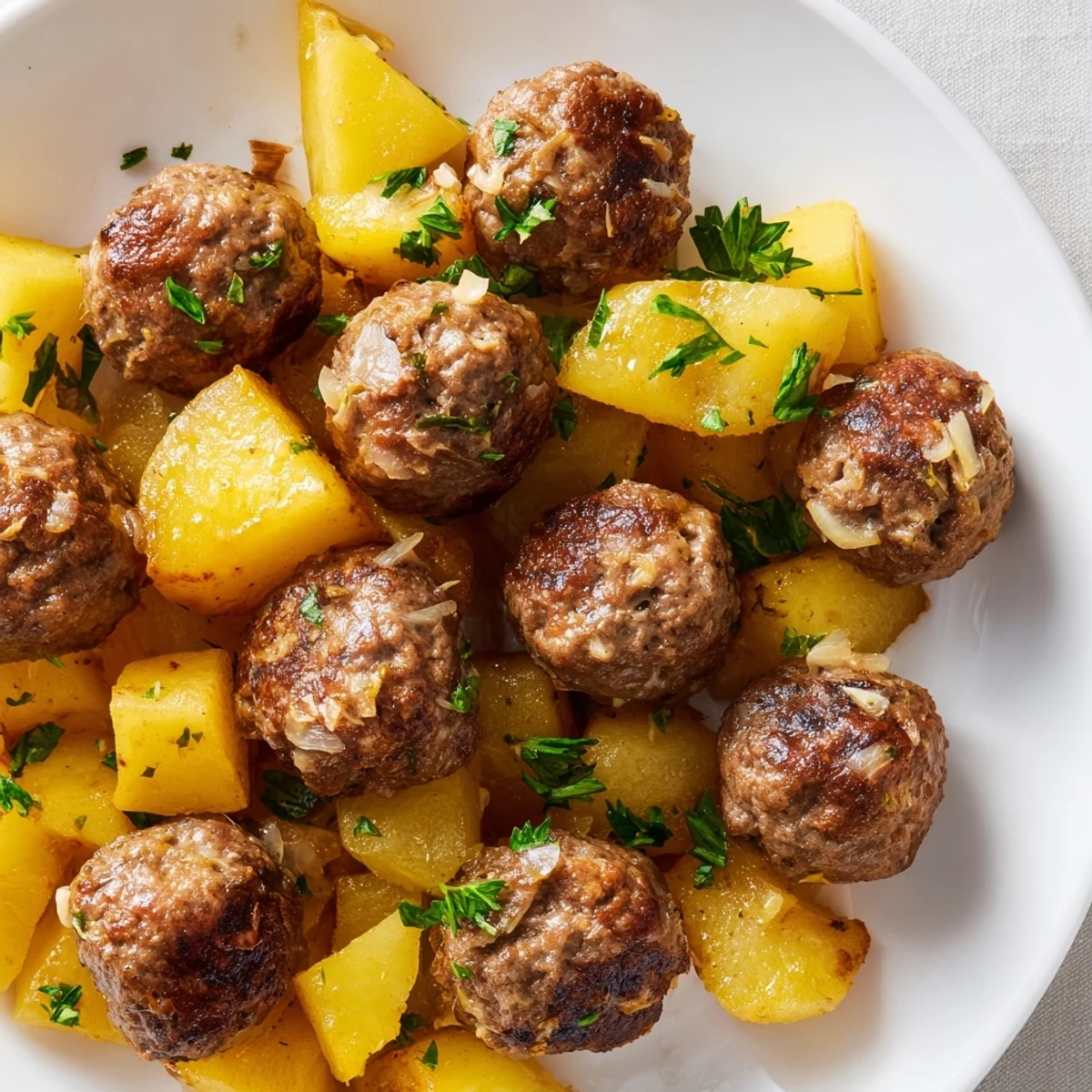 Golden, crispy thyme potatoes with perfectly cooked Budget Beef Meatballs, ready to serve with parsley.
