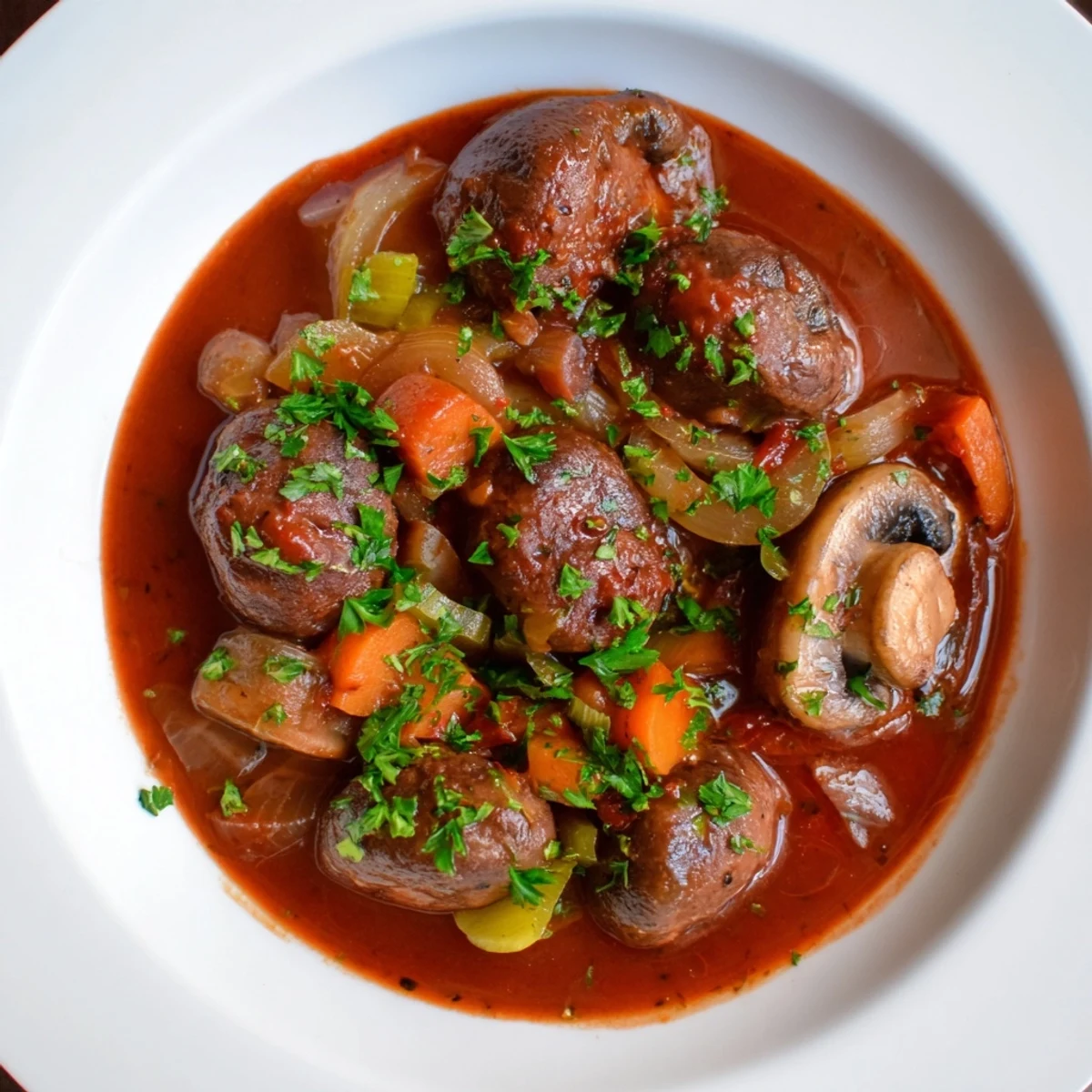 A steaming bowl of Mushroom Bourguignon, featuring savory mushrooms in a flavorful umami-miso sauce.