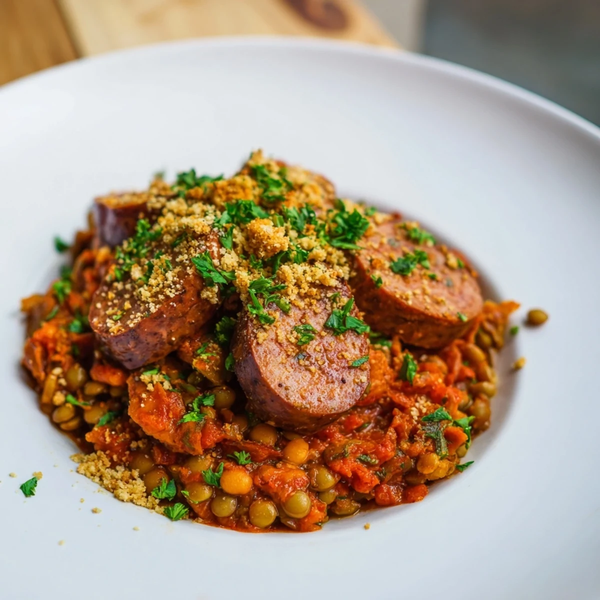 Steaming Vegan Cassoulet with savory sausages, lentils, and herbs, ready to serve with crusty bread.