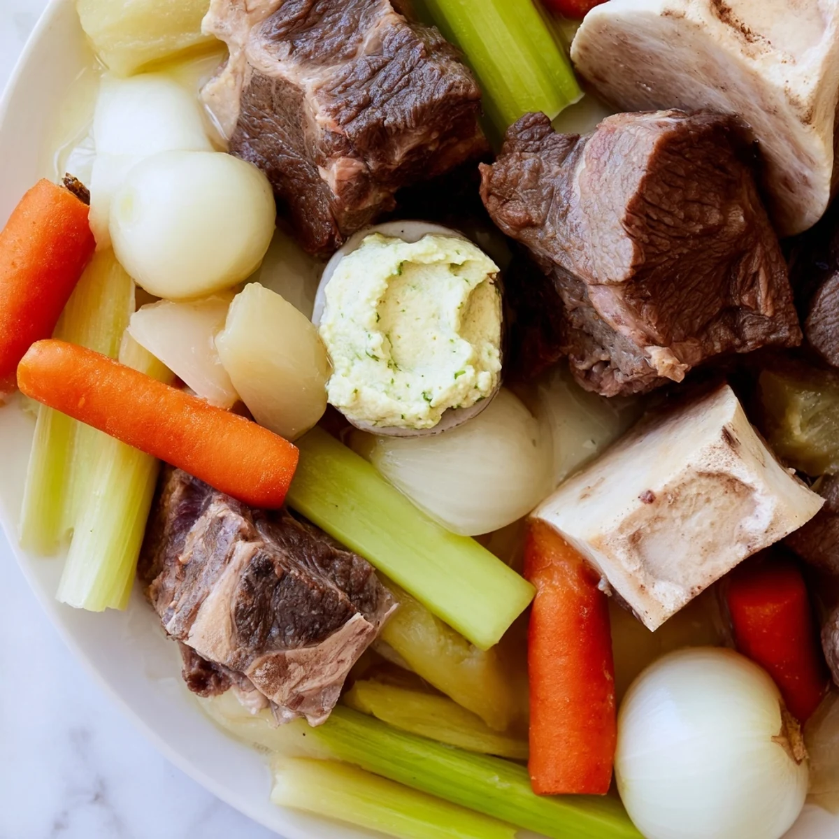 Tender Pot-au-Feu with Root Vegetables, steaming and ready to spoon into bowls with creamy wasabi horseradish.