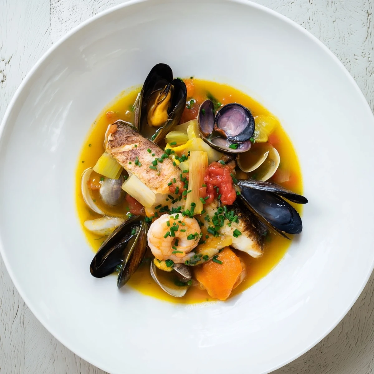 Golden, steaming bowl of bouillabaisse, showcasing the fresh seafood and citrus garnish.
