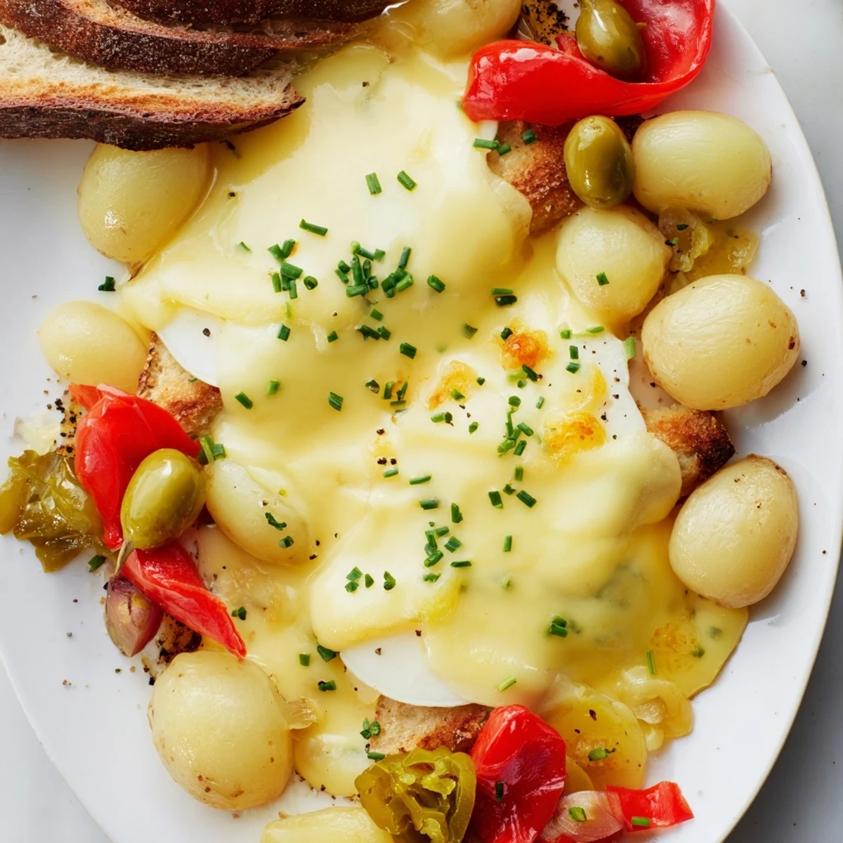 Savory raclette cheese being melted, served with colorful pickles and charcuterie on a rustic board.