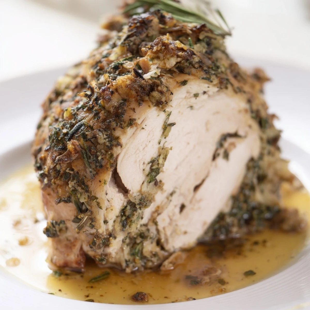 Golden brown Roast Capon in Savory Herb Crust, ready to slice, with crispy skin and fragrant herbs.