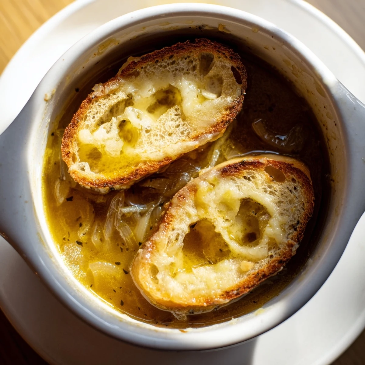 Golden French Onion Soup, topped with melted Gruyère toasts and drizzled truffle oil.