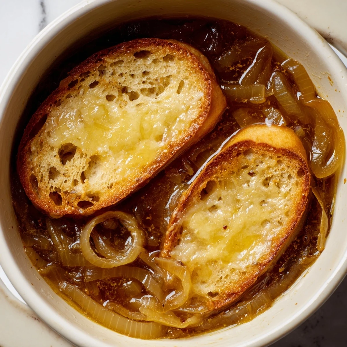 Rich French onion soup with caramelized onions and crusty, cheesy truffle oil toasts.