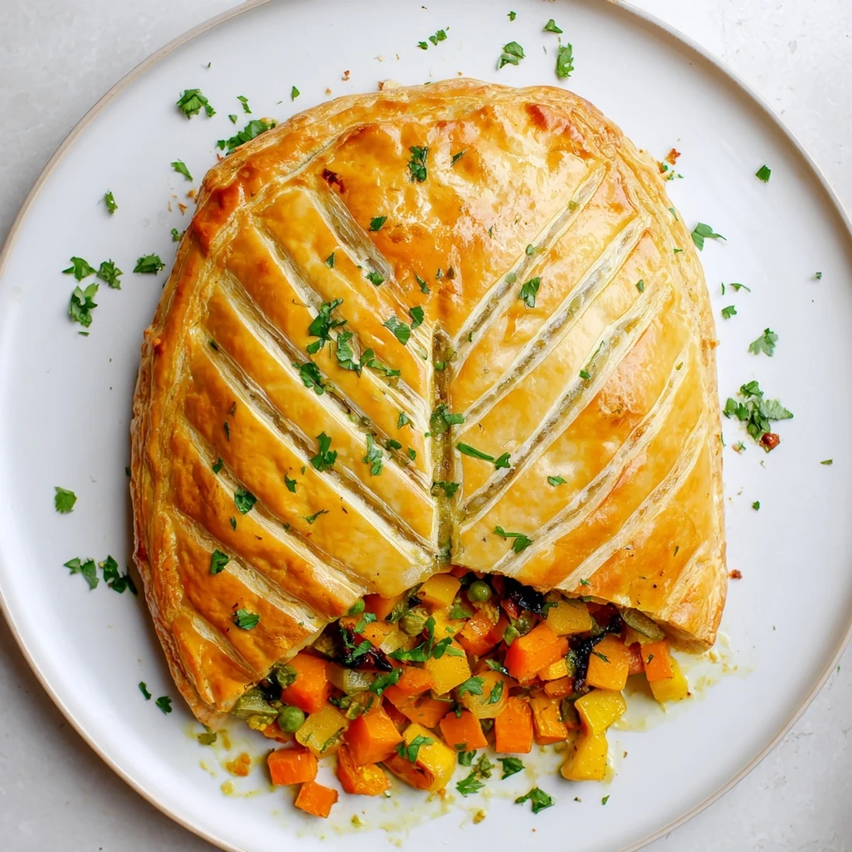 Golden, flaky Winter Vegetable Pithiviers showcasing savory roasted vegetables, perfect for a vegetarian meal.