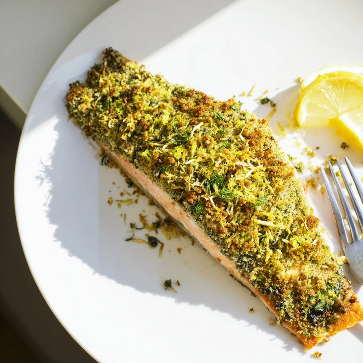 Golden-crusted Crusted Salmon à la Provençale is served with bright lemon zest garnish for a tasty meal.