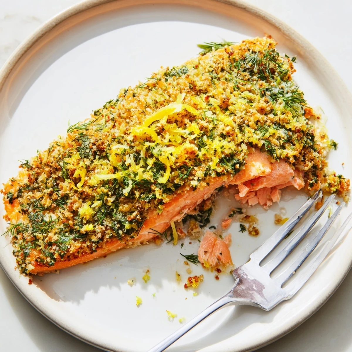 A close-up of flaky, baked Crusted Salmon à la Provençale with herb crust, ready to enjoy.