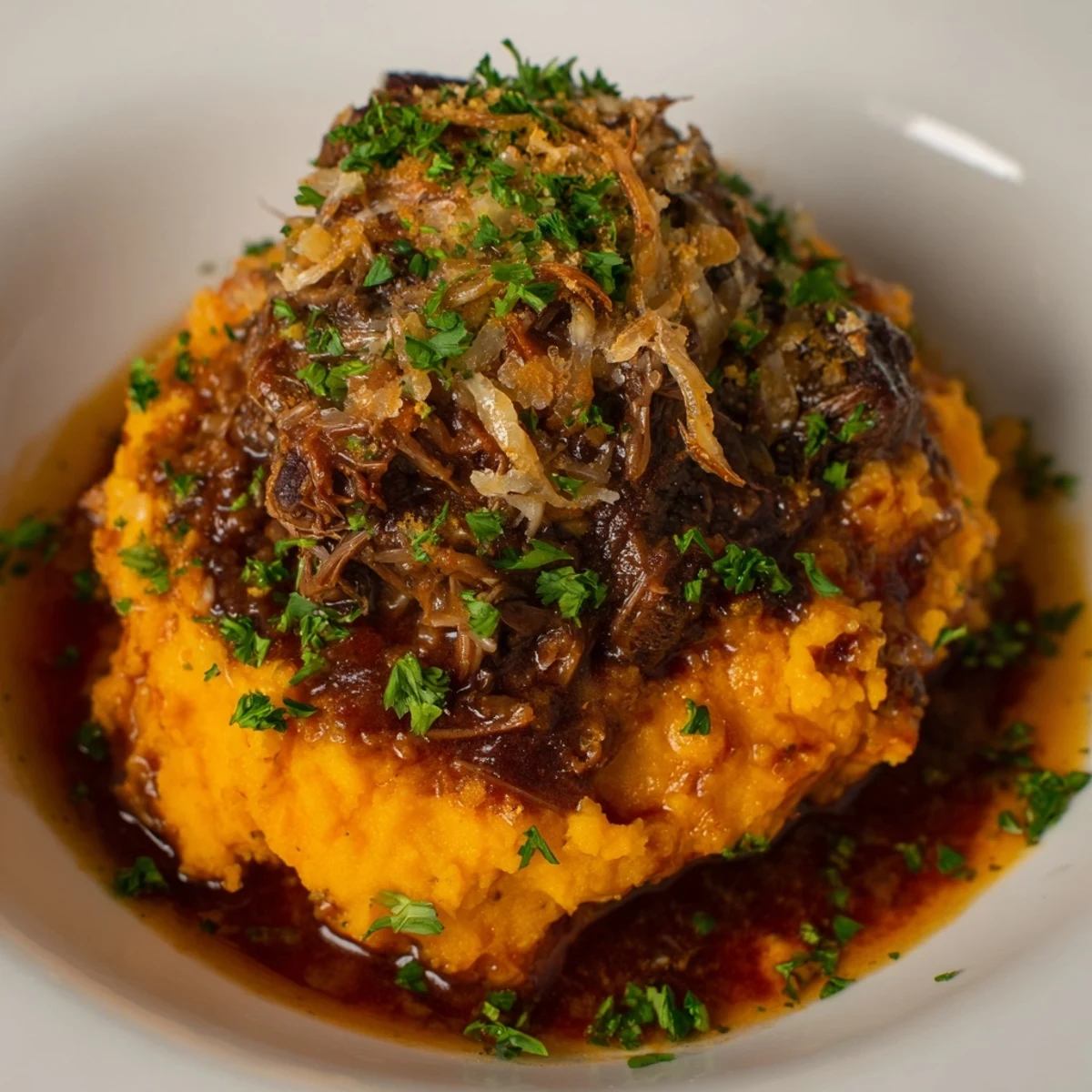 Savory Oxtail Parmentier with spiced sweet potato mash, ready for delicious serving.