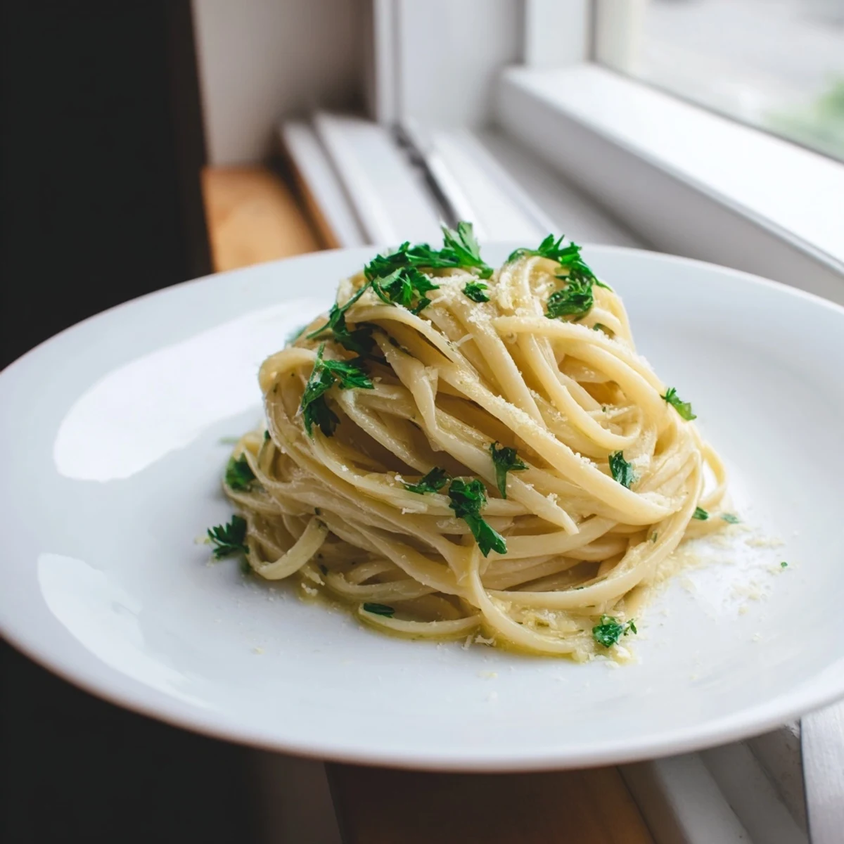 Delicate pasta with garlic, olive oil, and parsley, perfectly tossed and glistening, ready to eat.