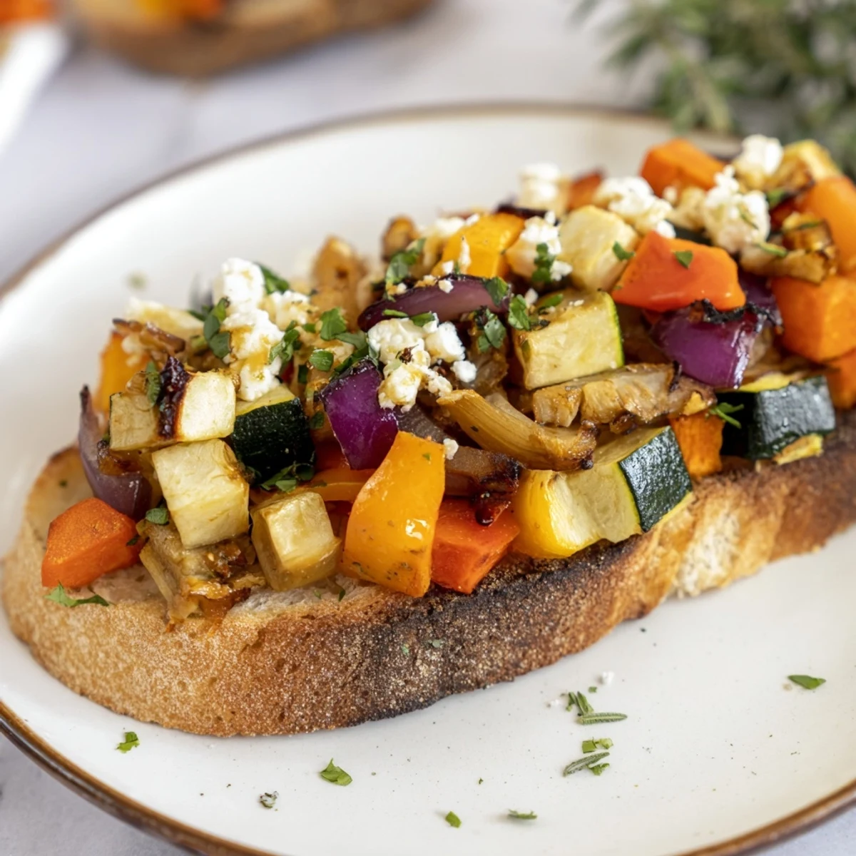 Warm, inviting winter bruschetta: a close-up shows toasted bread piled high with colorful roasted vegetables.
